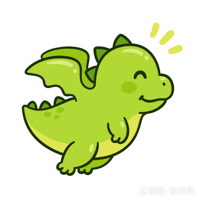 可爱的卡通绿龙飞.滑稽的小字符图画, 孤立的向量例证