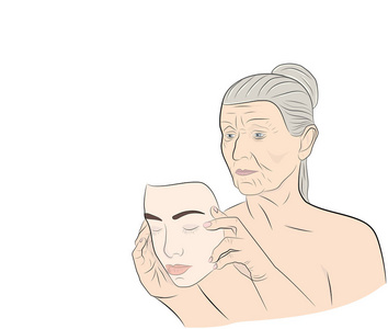 一位老妇人穿着一张年轻脸蛋的面具。复兴的概念。向量例证