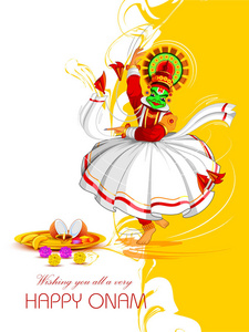 快乐 Onam 节日背景与 Kathakali 舞蹈家