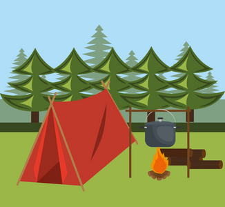 露营带帐篷和篝火
