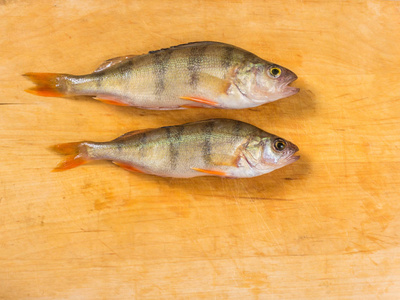 新鲜的鱼。新鲜的河鱼鲈鱼。在黄色的木质背景上。顶部视图