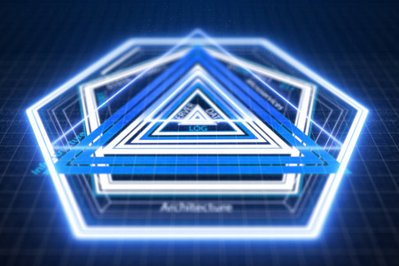 深蓝色光抽象技术背景与数字服务器数据按钮多边形形式。3d 渲染