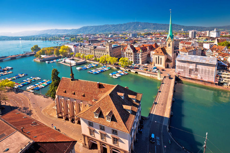 苏黎世和 Limmat 河滨水鸟瞰, 最大的城市在瑞士