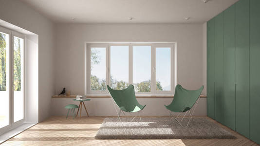 白色和绿色最小的客厅与扶手椅地毯, 实木复合地板和全景窗口, 斯堪的纳维亚建筑, 现代室内设计