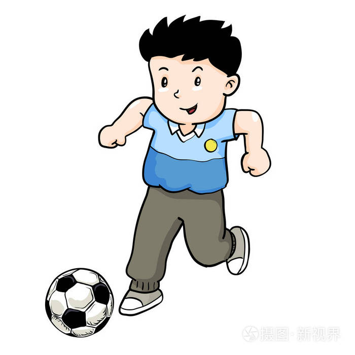男孩踢足球, 卡通小子玩足球-矢量插画