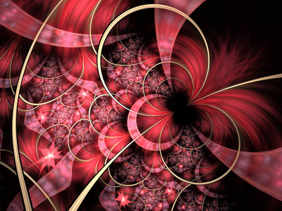 圆圈和尖峰抽象背景。柔和的发光层状花瓣图案。闪光效果, 计算机生成, 分形抽象背景。奇幻花卉设计
