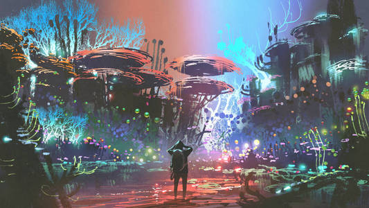 梦幻风光的男人看着五颜六色的珊瑚森林, 数码艺术风格, 插画绘画