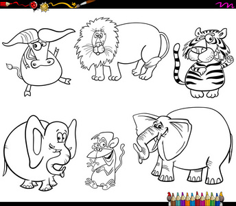 黑白着色书卡通插图野生动物字符集