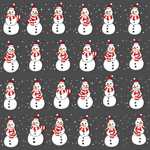 在定期的水平行圣诞冬季假期无缝模式在深色背景上的圣诞老人帽子雪人