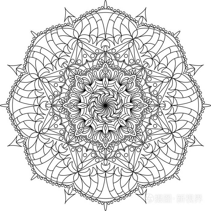 花饰圈曼荼罗设计.成人曼荼罗着色页.矢量插图