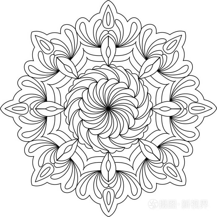 花饰圈曼荼罗设计.成人曼荼罗着色页.矢量插图