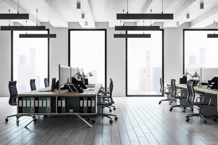 干净的 coworking 办公室内部与全景城市看法。风格, 设计和工作场所的概念。3d 渲染