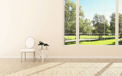 在房子里放松空间。白色房间与椅子和绿色风景在窗口。斯堪的纳维亚室内设计。3d 渲染