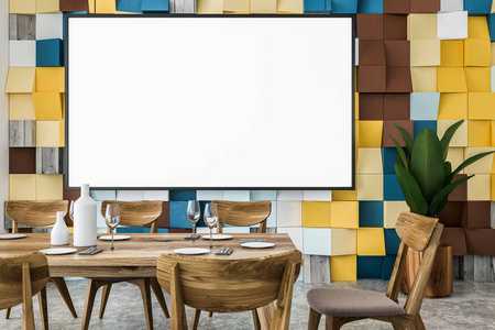 时尚的用餐室内部配有彩色瓷砖墙混凝土地板和带椅子的长木桌。水平模拟海报框架。3d 渲染