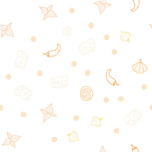 淡橙色矢量无缝模板与有机膳食。涂鸦风格的小吃的模糊装饰设计。广告小册子餐厅传单图案