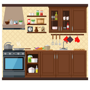 厨房里有一套家具。房间的舒适的室内有炉子, 衣柜和用具。平面式矢量图