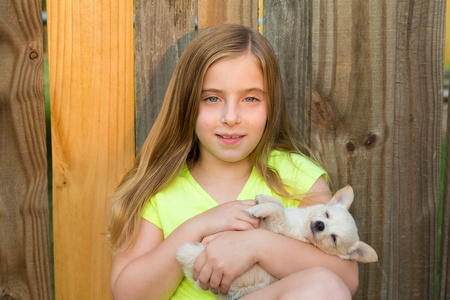 金发碧眼的孩子女孩抱小狗的狗吉娃娃上木