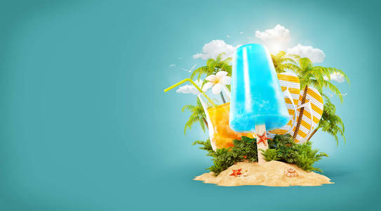 茶点冰淇淋和热带棕榈在天堂岛。不寻常的旅行3d 例证。暑假和旅行概念