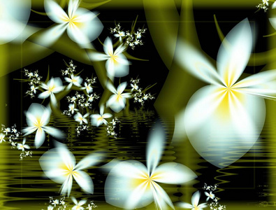 数字分形3d 设计。花牌。白色的花朵, 中间有黄色的绿色茎。水反射效应的分形