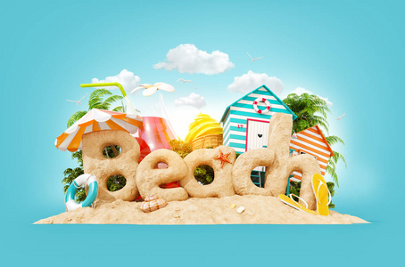 在热带岛屿上用沙子做的海滩这个词。不寻常的3d 的暑假例证。旅行和度假概念