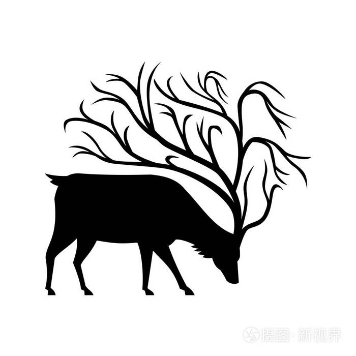 吉祥物图标插图黑色剪影的降压, 雄鹿或鹿与树状鹿角与树枝, 放牧观看
