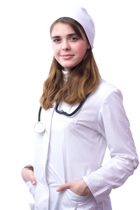 年轻的女医生与脖子上的 phonendoscope