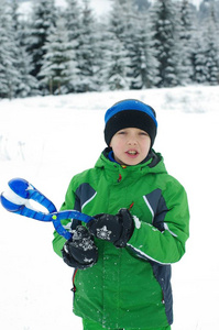 孩子们在户外的雪中玩耍。快乐的男孩在冬天的散步在自然