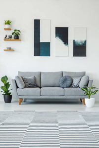 海报上面的灰色沙发在明亮的客厅内部与和图案地毯。真实照片