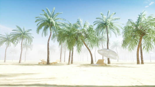 躺椅在阳光明媚的海滩和棕榈树上。水疗, 度假村概念。3d 渲染