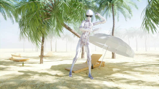 有趣的宇航员在阳光明媚的海边跳舞。旅游和休息的概念。3d 渲染