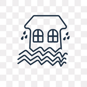 洪水房屋矢量轮廓图标隔离在透明的背景下, 高品质线性水淹房屋透明度概念可以使用网络和移动