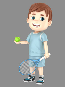 3d 在网球制服的男孩拿着球拍和球的例证