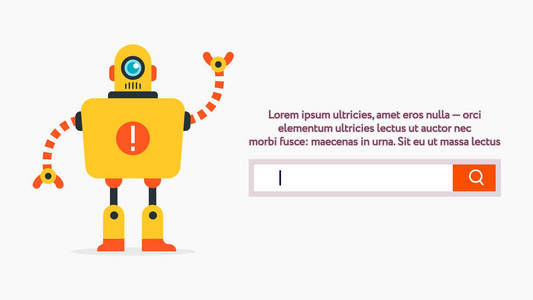 搜索 web 窗体 Ui Ux 设计 web 横幅与可爱的机器人在简单的形状平面设计风格。带有按钮和搜索输入的向量 web 窗体