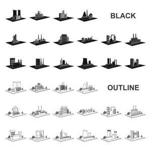 工厂和工厂的黑色图标集设计。生产和企业向量等距符号库存 web 插图