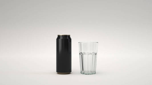模拟高大的黑啤酒可以 0.5 l 和一个空玻璃在白色的背景。设计或品牌模板。3d 渲染插图
