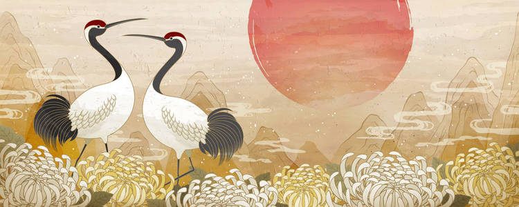 双九九节横幅与对称的丹顶鹤和菊花背景