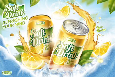 清凉软饮料广告与冰块和溅汁在3d 插图, 绿叶和冰洞穴背景