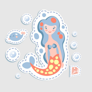 可爱的小 mairmaid 矢量卡通插图。仙女美人鱼公主与水下元素coralls 和瓶子。贴纸可爱的美人鱼字符