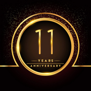 11年周年纪念庆祝标识。黑色背景的金色标志, 问候或邀请卡的矢量设计
