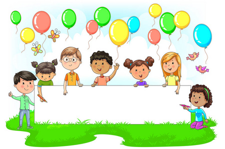 明亮可爱的孩子举行空的节日横幅彩色球周围