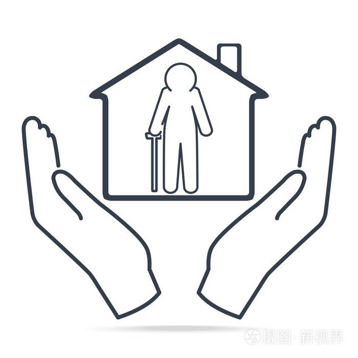 老人和家在手的图标, 简单的线条风格.护理家庭标志图标.