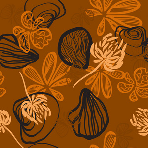 橙色背景与抽象海贝壳蝴蝶和花卉向量无缝模式