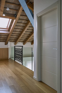 在前台的阁楼客房内的现代走廊的室内拍摄白色漆门, 木地板和木 beems