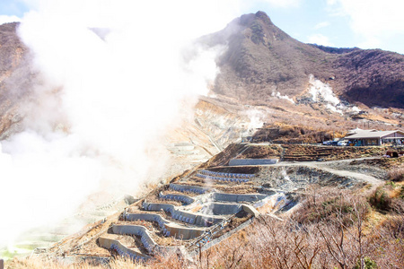 日本 Owakudani 山谷白烟硫磺排放的景观