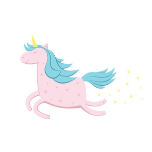 粉红色的独角兽与蓝色鬃毛和明星隔离在白色背景, 插图