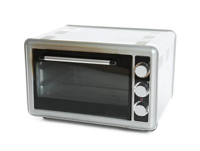 肮脏的现代电烤箱在白色背景
