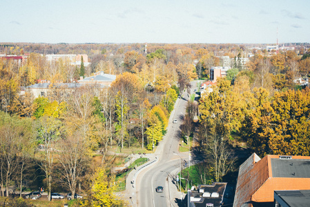 小镇全景视图从上面在秋天。复古木纹