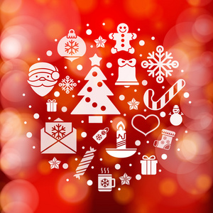 老式圣诞节问候卡，图标和符号，圣诞树上的雪花，礼品盒，圣诞老人元素矢量背景