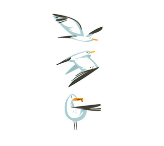 手绘矢量抽象卡通夏季时间图形装饰插图集集艺术与飞行海鸥鸟被隔绝在白色背景上
