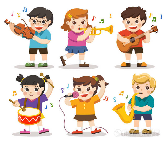 设置孩子们演奏乐器的插图爱好和兴趣
